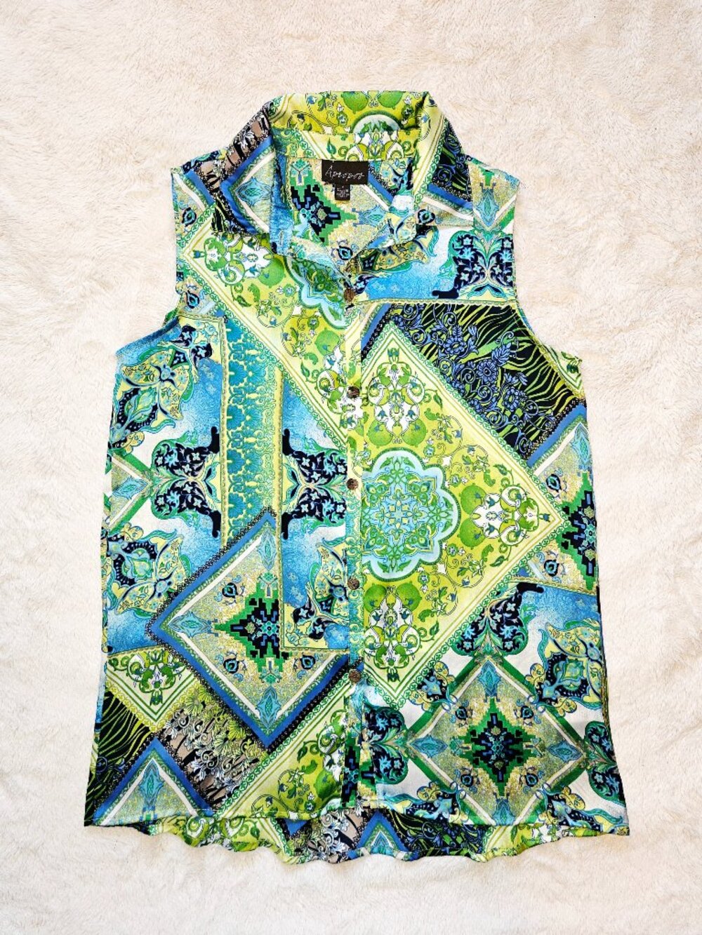 Apropos Women's Sleeveless Blouse Top Boho Paisley Geometry Mandalas Green Sz M